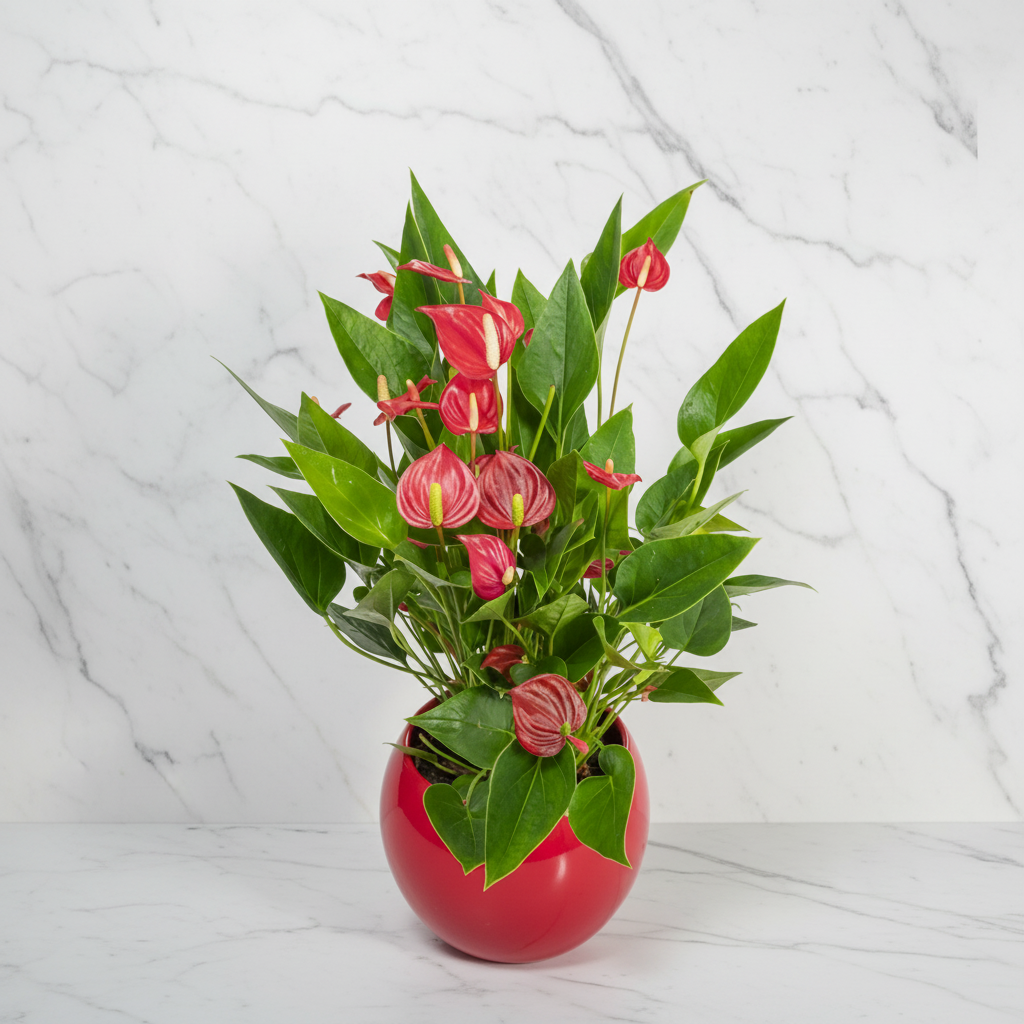 Rote Anthurien im Topf